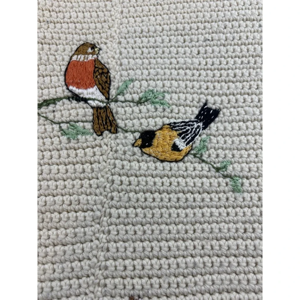 Handmade Colorful Birds Cream Crochet Knit Afghan Throw‎ Blanket w/ Fringe 37x57